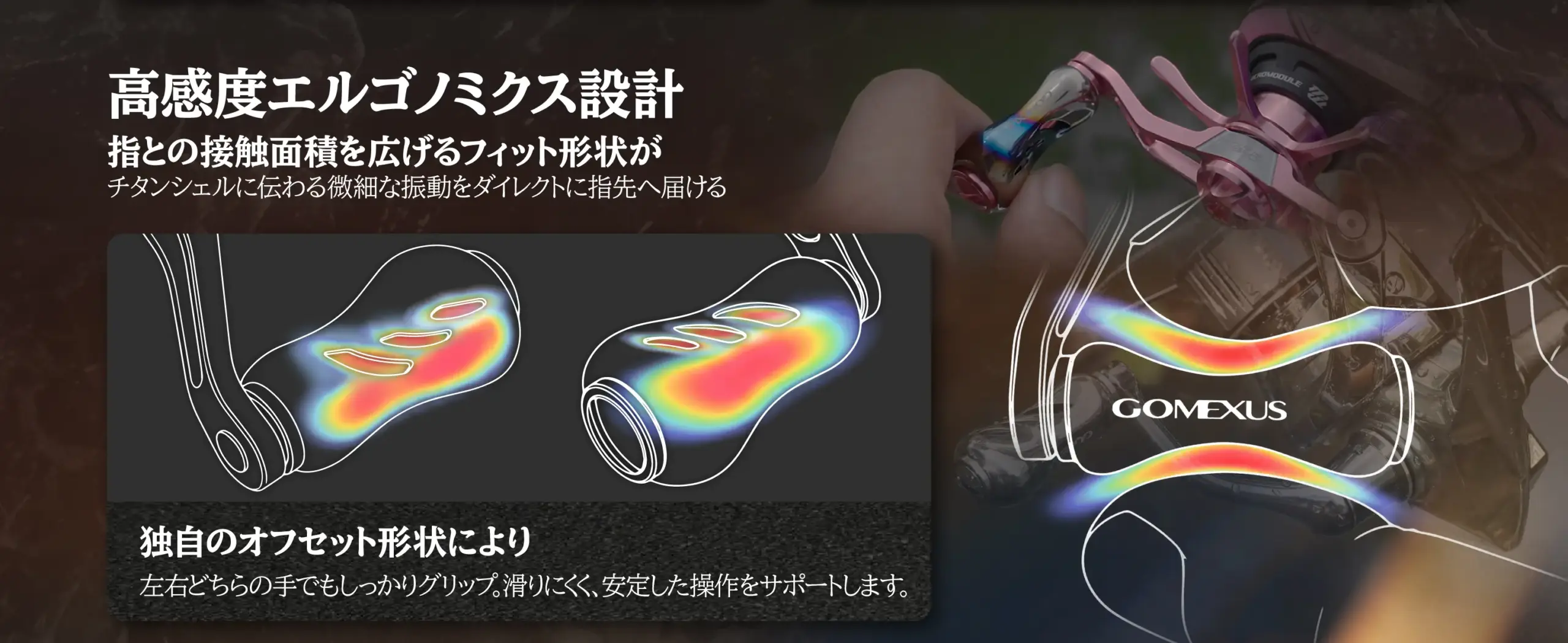 高感度エルゴノミクス設計 独自のオフセット形状 指先の接触面積を広げるチタンノブ