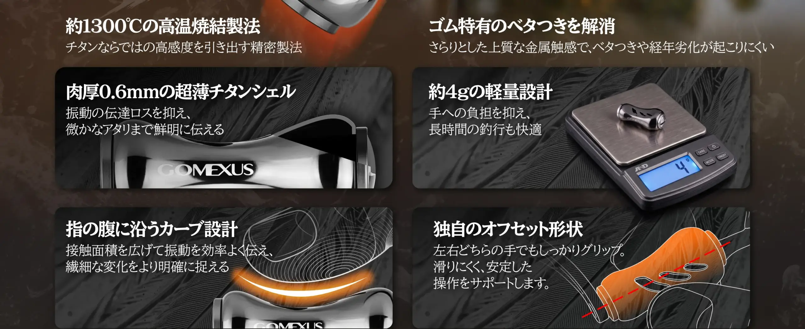 肉厚0.6mm超薄チタンシェル 約4g軽量設計 指の腹に沿うカーブ設計 ゴメクサスK20